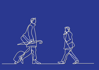 one line drawing of commuters passing by