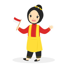 Aceh girl wearing traditional dress and holding Indonesian flag cartoon vector