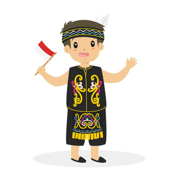 Dayak boy wearing traditional dress and holding Indonesian flag cartoon vector