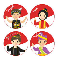 Indonesian girls and boys wearing traditional dress waving their hand, with Indonesian flag circle background cartoon vector