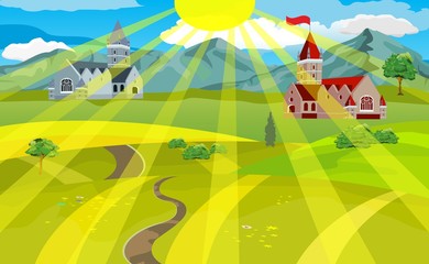 Fototapeta premium Countryside view . Green hill, mountains and castles, sun's rays falling.Summer time in village vector illustration.