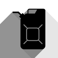Jerrycan oil sign. Jerry can oil sign. Vector. Black icon with two flat gray shadows on white background.