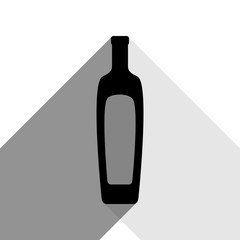 Olive oil bottle sign. Vector. Black icon with two flat gray shadows on white background.