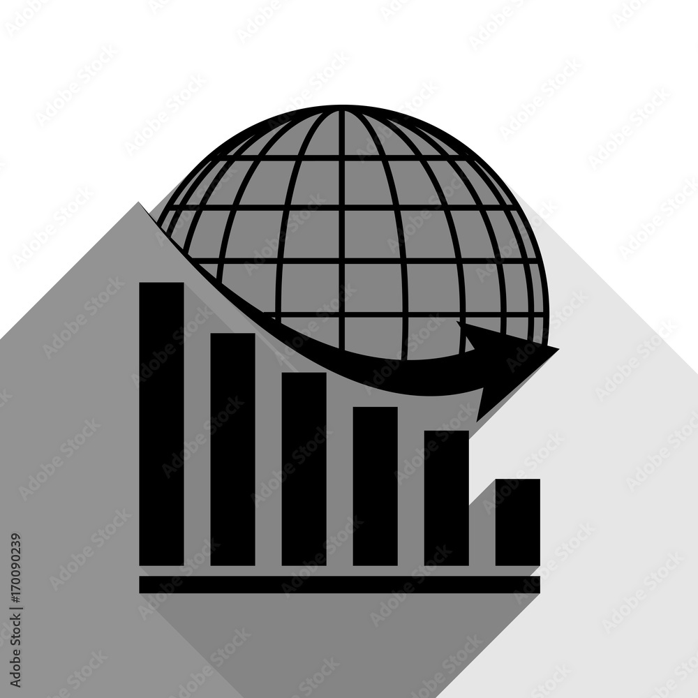 Poster declining graph with earth. vector. black icon with two flat gray shadows on white background.