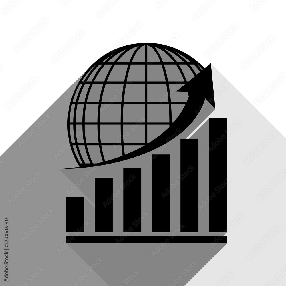 Poster growing graph with earth. vector. black icon with two flat gray shadows on white background.