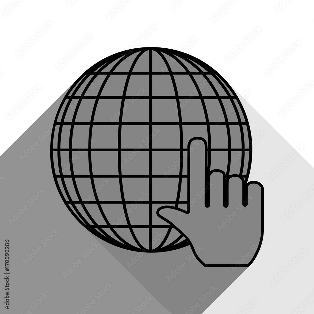Poster earth globe with cursor. vector. black icon with two flat gray shadows on white background.