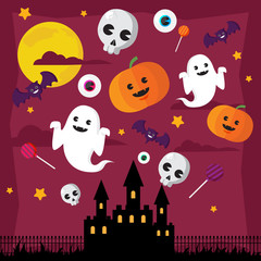 Happy Halloween Concept Pumpkin Witch Hat and Ghost skull in Castle