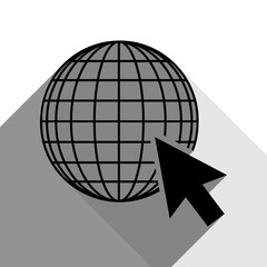 Earth Globe with cursor. Vector. Black icon with two flat gray shadows on white background.