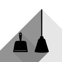 Dustpan vector sign. Scoop for cleaning garbage housework dustpan equipment. Vector. Black icon with two flat gray shadows on white background.