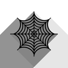 Spider on web illustration. Vector. Black icon with two flat gray shadows on white background.
