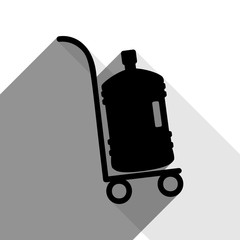 Plastic bottle silhouette with water. Big bottle of water on track. Vector. Black icon with two flat gray shadows on white background.