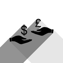 Currency exchange from hand to hand. Dollar and Pound. Vector. Black icon with two flat gray shadows on white background.