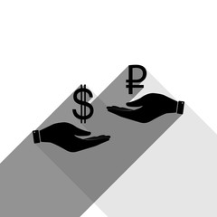 Currency exchange from hand to hand. Dollar and Ruble. Vector. Black icon with two flat gray shadows on white background.