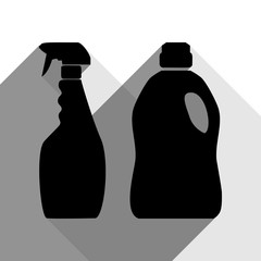 Household chemical bottles sign. Vector. Black icon with two flat gray shadows on white background.