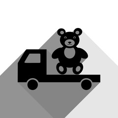 Truck with bear. Vector. Black icon with two flat gray shadows on white background.