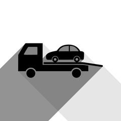 Tow car evacuation sign. Vector. Black icon with two flat gray shadows on white background.
