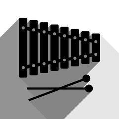 Xylophone sign. Vector. Black icon with two flat gray shadows on white background.