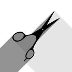 Hair cutting scissors sign. Vector. Black icon with two flat gray shadows on white background.