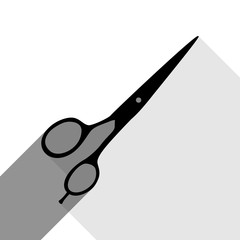 Hair cutting scissors sign. Vector. Black icon with two flat gray shadows on white background.