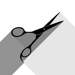 Hair cutting scissors sign. Vector. Black icon with two flat gray shadows on white background.
