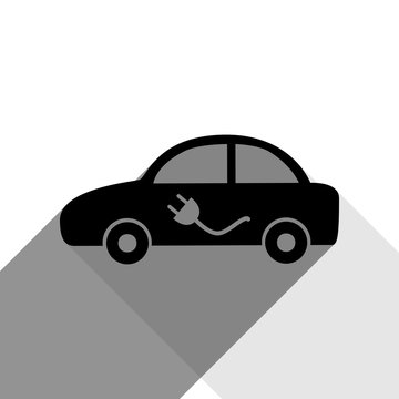 Electric car sign. Vector. Black icon with two flat gray shadows on white background.