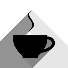 Cup sign with one small stream of smoke. Vector. Black icon with two flat gray shadows on white background.