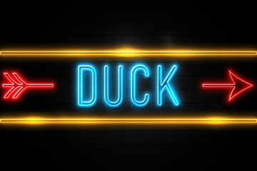 Duck  - fluorescent Neon Sign on brickwall Front view