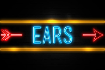 Ears  - fluorescent Neon Sign on brickwall Front view