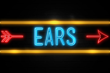Ears  - fluorescent Neon Sign on brickwall Front view