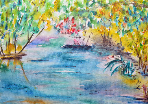 watercolor painting, lake