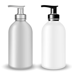 Vector Packaging: SET of Gray and white plastic Cosmetic Bottle beauty products with black and silvery pump lid on white isolated background. Mock-up template ready for design.