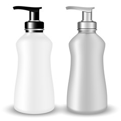 Vector Packaging: SET of Gray and white plastic Cosmetic Bottle beauty products with black and silvery pump lid on white isolated background. Mock-up template ready for design.
