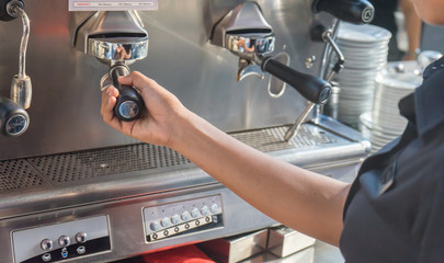 coffee machine preparing fresh coffee and pouring into cups  Service Concept