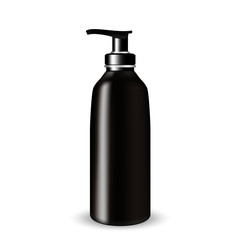 Vector Packaging: Dark Glass Cosmetic Bottle beauty products with black pump lid on white isolated background. Mock-up template ready for design.