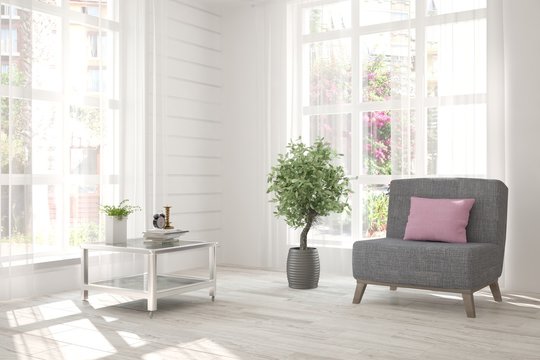 Idea of white modern room with armchair. Scandinavian interior design. 3D illustration