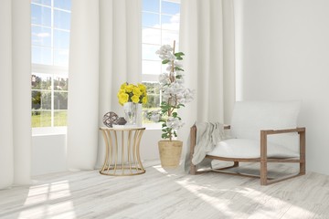 White room with armchair and green landscape in window. Scandinavian interior design. 3D illustration