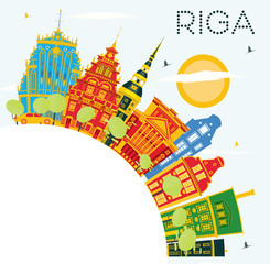 Riga Skyline with Color Buildings, Blue Sky and Copy Space.