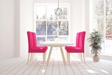 White dinner room with winter landscape in window. Scandinavian interior design. 3D illustration