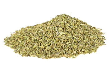 Heap of fennel dry seeds isolated on white background