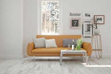 Idea of white minimalist room with sofa. Scandinavian interior design. 3D illustration
