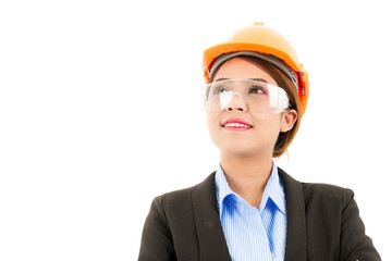 Young attractive confident smiling asian woman, orange safety hat, safety glass, black suit, blue shirt on white background.