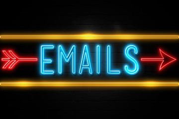 Emails  - fluorescent Neon Sign on brickwall Front view