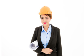 Young attractive confident asian woman, orange safety hat, glass, black suit, blue shirt on white background checking blueprint.