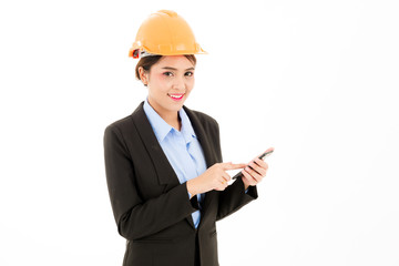 Young confident asian woman, orange safety hat, black suit, blue shirt on white using smart  phone device.