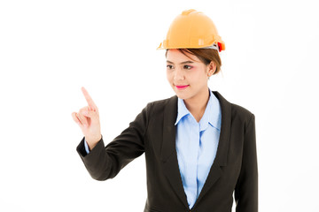 Young confident asian woman, orange safety hat, black suit, blue shirt on white pointing finger.