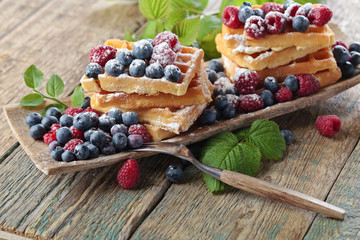 Waffles with raspberry and blueberry