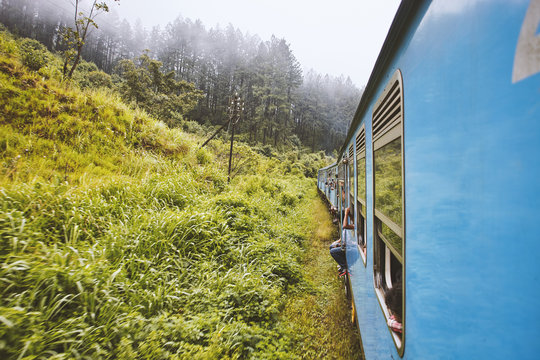 Shoot with view duringg by trail cars Sri-Lanka rail road in mountain area