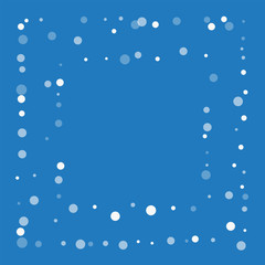Falling white dots. Square chaotic frame with falling white dots on blue background. Vector illustration.