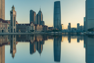 Tianjin Hai river waterfront downtown skyline ,China.