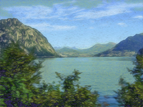 Crayon Drawing; The Landscape View in Lucerne, Switzerland